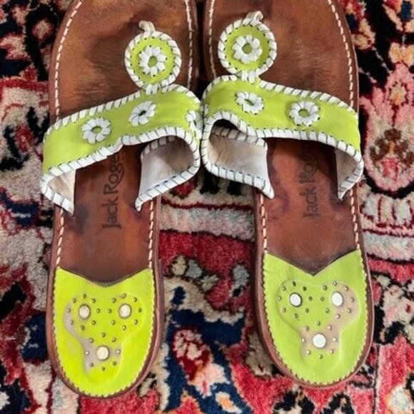 Jack Rogers Hamptons Flats Thong Sandals Green Leather Size 11M - Picture 4 of 4